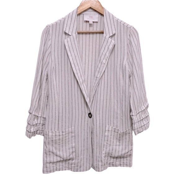 Halston Linen Blend White & Silver Metallic Striped Blazer Sing Button Closure M - Picture 1 of 6